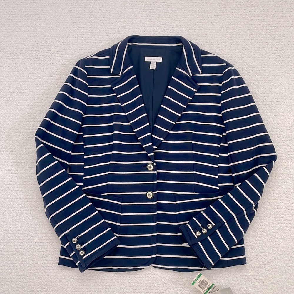 CHARTER CLUB NAVY BLUE STRIPED BLAZER- FULLY LINED- SIZE LARGE
